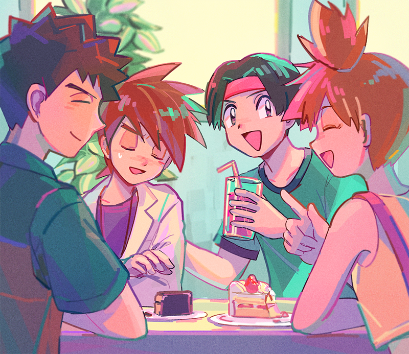1girl, 3boys, :d, brock_(pokemon), brown_hair, cake, cake_slice, closed_eyes