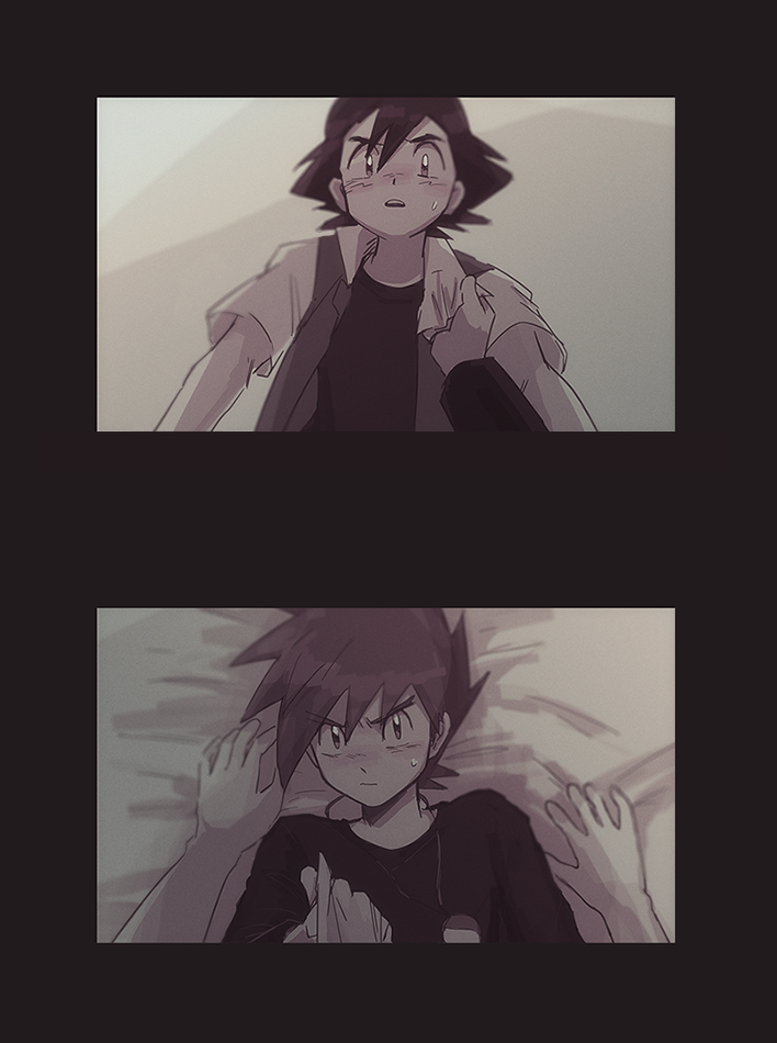 2boys, ash_ketchum, bed_sheet, black_shirt, blurry, blush, closed_mouth, clothes_grab, commentary_request, gary_oak, hair_between_eyes, itome_(funori1), jacket, jacket_grab, jewelry, male_focus, multiple_boys, necklace, nintendo, open_clothes, open_jacket, open_mouth, pokemon, pokemon_(anime), pokemon_(classic_anime), shirt, short_hair, short_sleeves, spiked_hair, sweatdrop, teeth, upper_teeth_only, yaoi