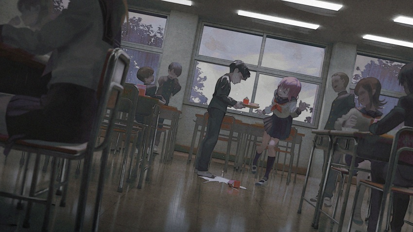 4girls, 5boys, black_eyes, black_hair, blouse, blunt_bangs, bowl_cut, brown_hair, bullying, ceiling_light, classroom, closed_mouth, commentary_request, desk, dutch_angle, emi_(mob_psycho_100), extra, fukami_emi, gakuran, highres, holding, indoors, kageyama_shigeo, laughing, long_sleeves, looking_at_another, meipu_hm, milk, mob_psycho_100, multiple_boys, multiple_girls, pleated_skirt, school_uniform, shirt, short_hair, sitting, skirt, smile, spilled_milk, standing, tile_floor, tiles, tray, white_shirt, window