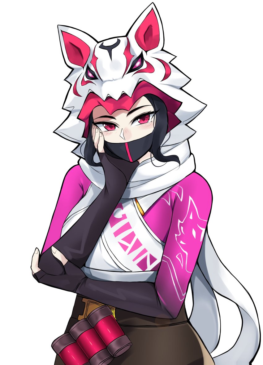 1girl, absurdres, animal_costume, animal_ears, animal_hood, blush, covered_mouth, dress, ehebai, fortnite, fox_mask, highres, hood, kitsune, looking_at_viewer, mask, pink_dress, pink_eyes, scarf, simple_background, skirt, solo, vi_(fortnite), white_background