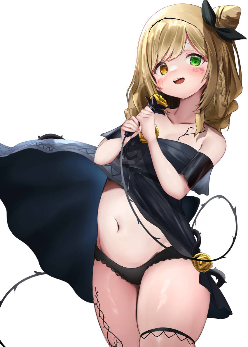 1girl, absurdres, bare_shoulders, black_dress, black_panties, black_ribbon, blonde_hair, braid