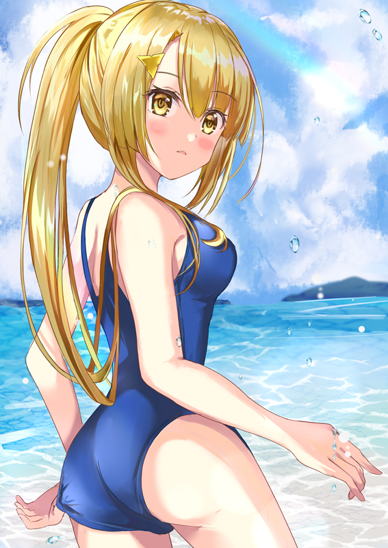 1girl, adjusting_clothes, adjusting_swimsuit, blonde_hair, blue_one-piece_swimsuit, blush, breasts, cloud