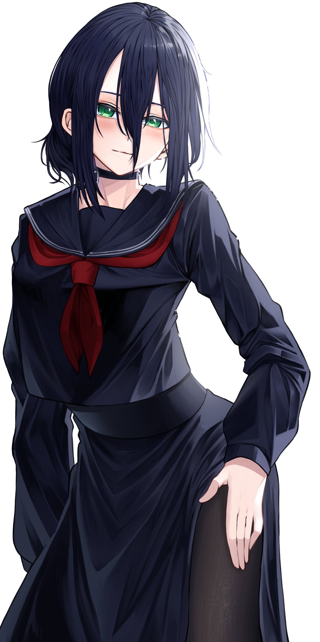 1girl, black_choker, black_hair, black_pantyhose, black_sailor_collar, black_serafuku, black_skirt, blush