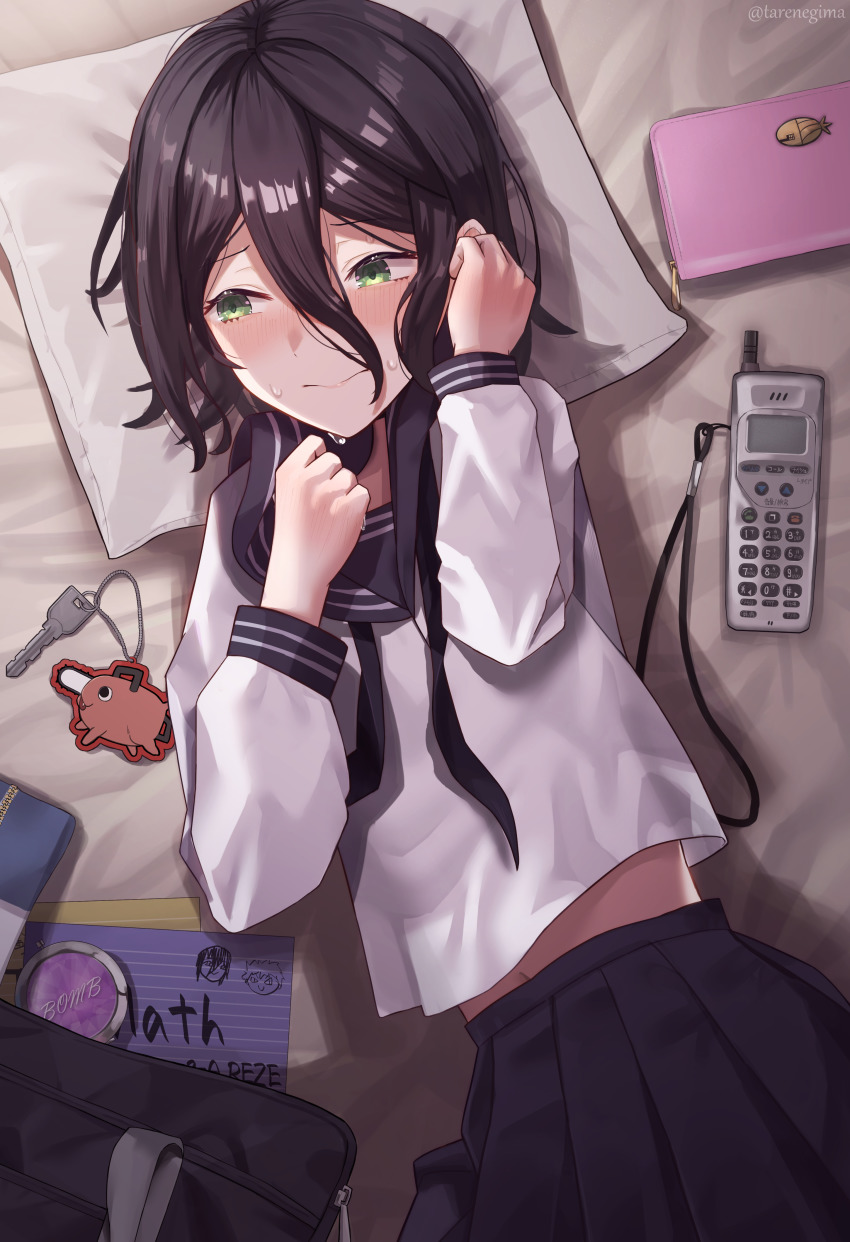 1girl, absurdres, bag, bed_sheet, black_hair, black_neckerchief, black_sailor_collar, black_skirt