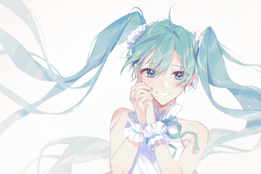 1girl, ahoge, bare_shoulders, blue_eyes, blue_hair, blue_nails, blue_ribbon, collarbone