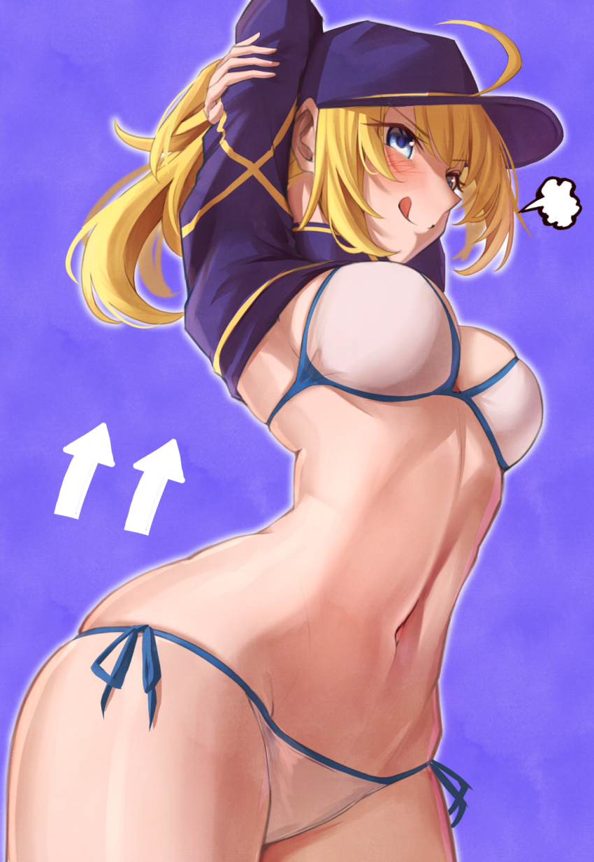 1girl, ahoge, arms_behind_head, arms_up, artoria_pendragon_(fate), baseball_cap, bikini, blonde_hair