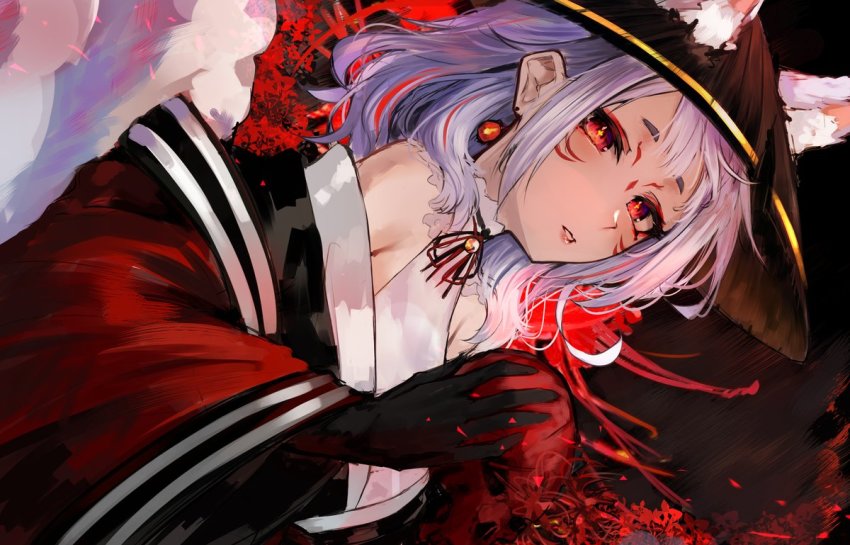 animal_ears, bare_shoulders, black_gloves, choker, dutch_angle, earrings, extra_ears, facial_mark