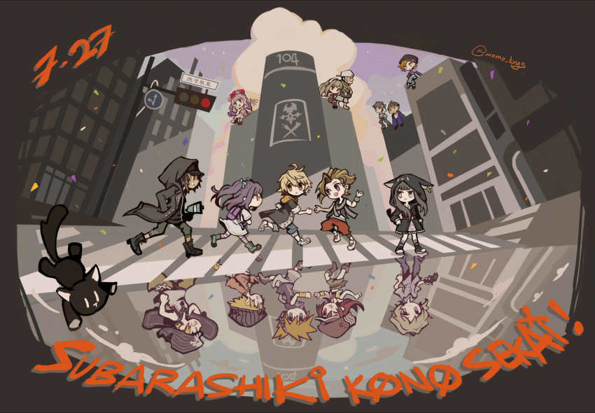 6+boys, 6+girls, ahoge, animal_ears, animal_hood, atarashi_coco, backwards_hat, baseball_cap, beanie, belt, bito_daisukenojo, bito_raimu, black_coat, black_hair, blonde_hair, blue_eyes, blue_jacket, blue_pants, brown_hair, building, cargo_pants, cat_hood, city, coat, collared_shirt, confetti, dark-skinned_male, dark_skin, denim, dress, ear_piercing, face_mask, fake_animal_ears, fake_tail, flower_wreath, furesawa_tosai, fuya_(ntwewy), glasses, green_ribbon, grey_hair, grey_scarf, grin, gun, hair_ribbon, hat, headphones, high_collar, highres, hime_cut, holding, holding_gun, holding_megaphone, holding_weapon, hood, hoodie, jacket, jeans, jewelry, kanade_rindo, kanon_(ntwewy), kiryu_yoshiya, long_coat, long_hair, mask, matsunae_tsugumi, megaphone, minamimoto_sho, misaki_shiki, motoi_(ntwewy), mouth_mask, multicolored_hair, multiple_boys, multiple_girls, necklace, nyantan, orange_eyes, orange_hoodie, pants, piercing, pink_dress, pink_hair, plaid_clothes, plaid_dress, plaid_skirt, purple_hair, reflection, reflective_liquid, ribbon, round_eyewear, sailor_collar, sailor_dress, sakuraba_neku, sakurane_shoka, scarf, school_uniform, shin_subarashiki_kono_sekai, shirt, shorts, skateboard, skirt, skull_and_crossbones, skull_necklace, skull_print, skyscraper, sleeveless, sleeveless_shirt, smile, spiked_hair, streaked_hair, subarashiki_kono_sekai, susukichi_(ntwewy), tail, twintails, undercut, usui_nagi, weapon, white_footwear, white_headwear, white_shorts, wristband