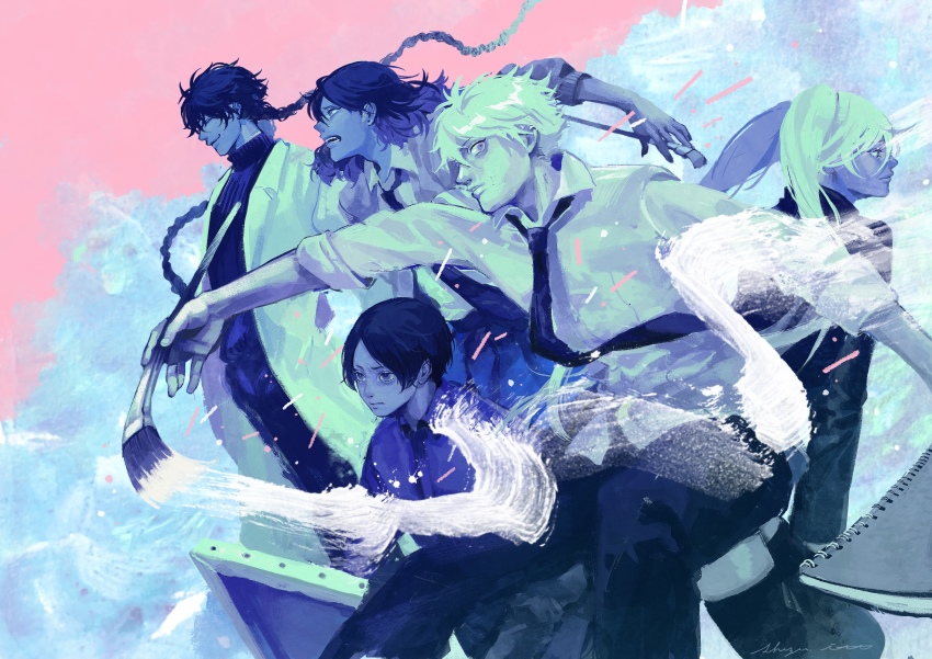 1girl, 1other, 3boys, absurdres, ayukawa_ryuuji, black_hair, black_pants, blue_period