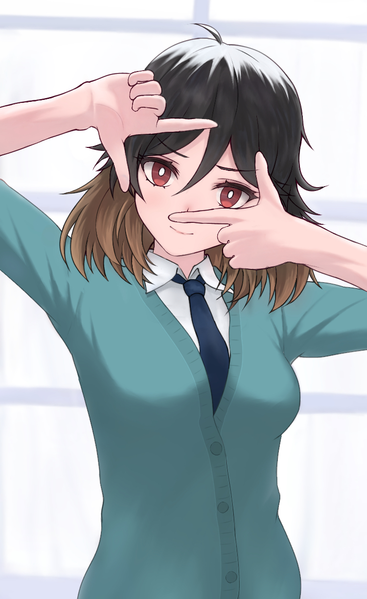 1girl, back_hair, blue_period, blue_shirt, breasts, brown_hair, finger_frame, hair_between_eyes