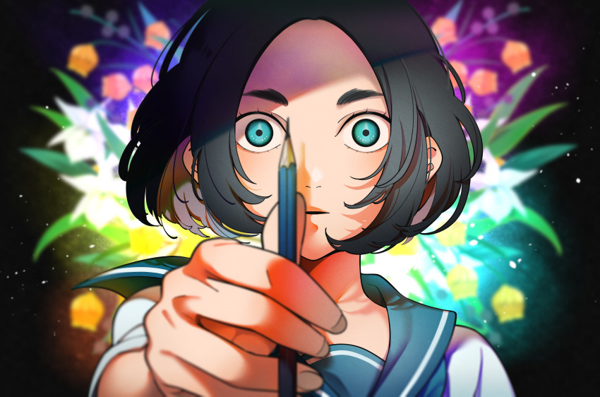 1girl, absurdres, black_hair, blue_eyes, blue_period, blurry, blurry_background, hand_up, highres, mori_maru, pencil, school_uniform, serafuku, shadow, short_hair, sibato5, solo, upper_body