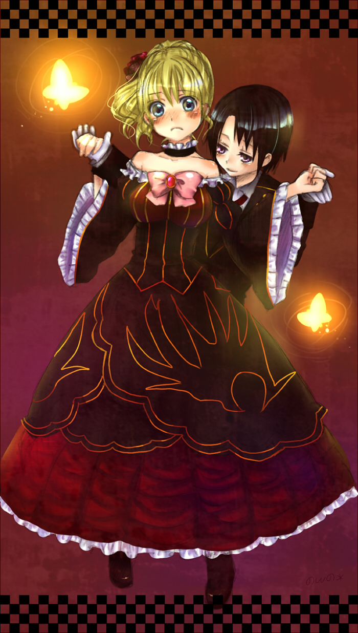 1boy, 1girl, bad_id, bad_pixiv_id, beatrice_(cosplay), beatrice_(umineko), blush, bow, bug, butterfly, cosplay, highres, kanene_nono, kanon_(umineko), pink_bow, ronove_(cosplay), ronove_(umineko), umineko_no_naku_koro_ni, ushiromiya_jessica