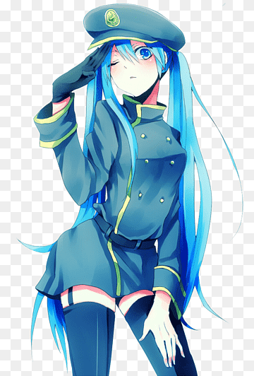 belt, blue_eyes, blue_hair, gloves, hat, hatsune_miku, kurone_roku, mikado, military, military_hat, military_uniform, salute, single_glove, thighhighs, transparent_background, vocaloid