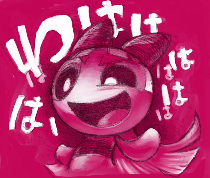 1girl, blossom_(ppg), bow, cartoon_network, chibi, female_focus, hair_bow, laughing, long_hair, monochrome, open_mouth, pink_theme, powerpuff_girls, smile, solo, traditional_media, translated, wabiru, yandere