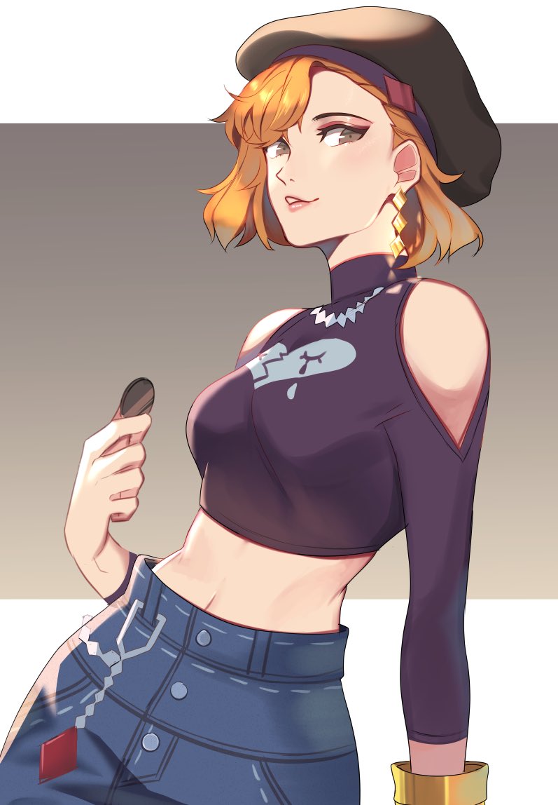 1girl, badge, beret, black_hat, bracelet, broken_heart, closed_mouth, clothing_cutout, crop_top, denim, earrings, eyebrows, eyeliner, female_focus, grey_eyes, hat, heart, jeans, jewelry, kanon_(ntwewy), lips, looking_at_viewer, makeup, midriff, navel, orange_hair, pants, pin, purple_shirt, shin_subarashiki_kono_sekai, shirt, shoulder_cutout, smile, solo, subarashiki_kono_sekai