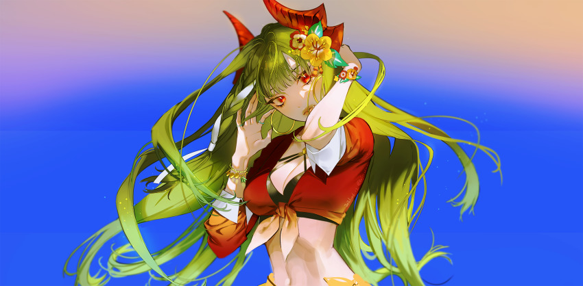 1girl, arms_up, blue_background, bracelet, braid, breasts, cleavage, coldbrew