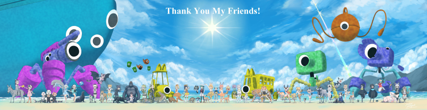 1boy, :d, aardwolf_(kemono_friends), absurdres, angry, animal, animal_ear_fluff, animal_ears, animal_print, antennae, apron, arm_up, arms_behind_back, ascot, atlantic_puffin_(kemono_friends), back, backpack, bag, ball, bare_arms, bare_legs, bare_shoulders, bat-eared_fox, bat-eared_fox_(kemono_friends), bat_ears, beach, bike_shorts, bird, bird_tail, bird_wings, black_gloves, black_hair, black_legwear, black_leopard_(kemono_friends), black_skirt, blonde_hair, blouse, blue_dress, blue_eyes, blue_shirt, blue_vest, blue_wildebeest_(kemono_friends), blush, boots, bow, bowtie, brown_eyes, brown_footwear, brown_hair, bucket_hat, buruma, california_sea_lion_(kemono_friends), caracal, caracal_(kemono_friends), cellien_(kemono_friends), cetacean_tail, cheetah, cheetah_(kemono_friends), claws, clenched_hands, cloak, closed_mouth, clothes_around_waist, clothes_writing, cloud, collared_shirt, combat_knife, common_bottlenose_dolphin_(kemono_friends), common_vampire_bat_(kemono_friends), crossed_arms, dog, dog_(mixed_breed)_(kemono_friends), dog_ears, dog_girl, dolphin, donkey_(kemono_friends), dot_nose, dress, duck, elbow_gloves, extra_ears, eyepatch, fighting_stance, fins, fish_tail, floating_hair, flying, frisbee, full_body, garrison_cap, giant_panda_(kemono_friends), gloves, gradient_clothes, gradient_hair, greater_roadrunner_(kemono_friends), green_eyes, green_hair, grey_hair, grey_legwear, hair_between_eyes, hair_tubes, hand_on_own_hip, hand_up, happy, hat, hat_feather, head_wings, height_difference, heterochromia, high-waist_skirt, highres, hood, hoodie, horizontal_pupils, horns, husky, jacket, japari_symbol, jumping, kaban_(kemono_friends), kemono_friends, kemono_friends_2, knife, kyururu_(kemono_friends), layered_sleeves, leaning_forward, leg_up, legs, leopard_(kemono_friends), leopard_print, lesser_panda_(kemono_friends), light_brown_hair, long_hair, long_image, long_sleeves, looking_at_another, looking_at_viewer, lucky_beast_(kemono_friends), medium_hair, miniskirt, monster, mountain, multicolored_bow, multicolored_gloves, multicolored_hair, multiple_girls, name_connection, nana_(kemono_friends), necktie, ocean, okinawa_habu_(kemono_friends), one_eye_closed, open_arms, open_clothes, open_jacket, open_mouth, orange_legwear, outstretched_arms, outstretched_hand, panda, panda_ears, pantyhose, passenger_pigeon_(kemono_friends), pencil_skirt, pig, pig_(kemono_friends), pig_ears, pigeon, pink_apron, pink_hair, pink_legwear, pirate_hat, poncho, ponytail, print_gloves, print_legwear, print_skirt, pronghorn, pronghorn_(kemono_friends), puffy_sleeves, purple_legwear, raccoon, red_hair, red_panda, red_shirt, roadrunner_(animal), robot, running, saltwater_crocodile_(kemono_friends), sand, sandals, scarf, school_uniform, sea_lion, serval, serval_(kemono_friends), shirt, shoes, short_hair, short_over_long_sleeves, short_sleeves, shorts, shoulder_bag, siberian_tiger_(kemono_friends), sidelocks, sitting, sitting_on_animal, size_difference, sketchbook, skirt, sky, sleeping, sleeveless, smile, snake, snake_tail, sneakers, socks, spectacled_caiman_(kemono_friends), sportswear, spot-billed_duck_(kemono_friends), standing, standing_on_one_leg, sun, sunlight, superb_bird-of-paradise_(kemono_friends), sweater, swimsuit, t-shirt, tail, tanuki, tanuki_(kemono_friends), thighhighs, thighs, thomson's_gazelle_(kemono_friends), tiger, tiptoes, track_jacket, two-tone_hair, v-shaped_eyebrows, very_long_hair, vest, walking, wariza, water, weapon, western_lowland_gorilla_(kemono_friends), western_parotia_(kemono_friends), white_gloves, white_hair, white_legwear, white_shirt, white_shorts, white_skirt, wide_image, wildebeest, wings, yamaguchi_yoshimi, yellow_eyes, yellow_skirt, zettai_ryouiki