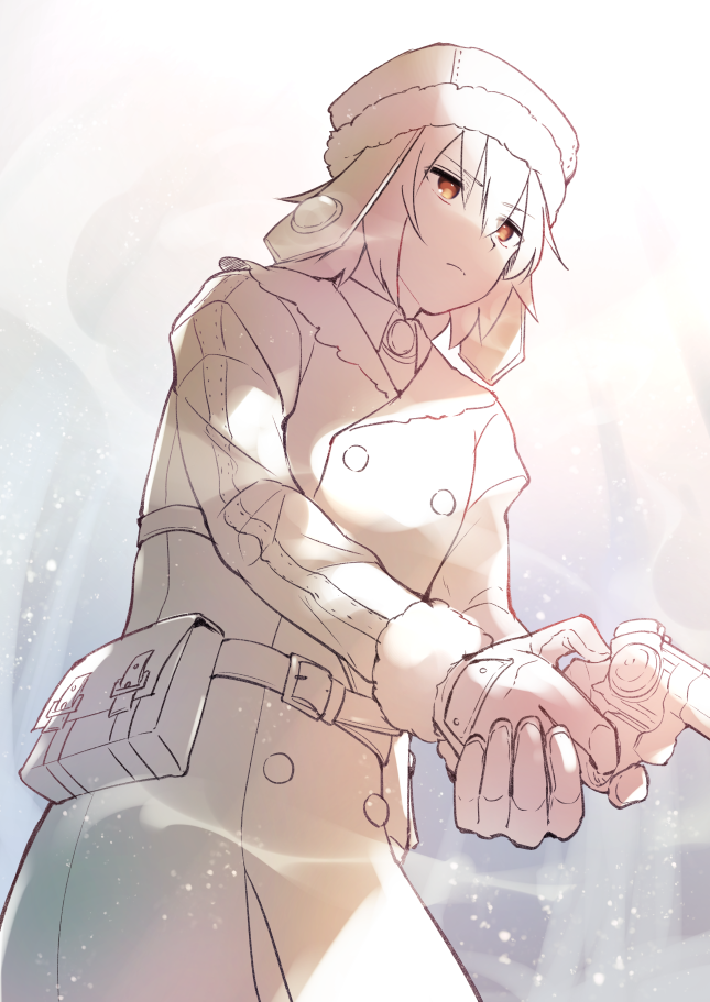 belt, belt_pouch, buttons, calm_mashiro, coat, double-breasted, etrian_odyssey, from_below, fur_trim, gun, gunner_(sekaiju), gunner_1_(sekaiju), holding, holding_gun, holding_weapon, long_sleeves, orange_eyes, pouch, sekaiju_no_meikyuu, sekaiju_no_meikyuu_2, spot_color, two-handed, weapon