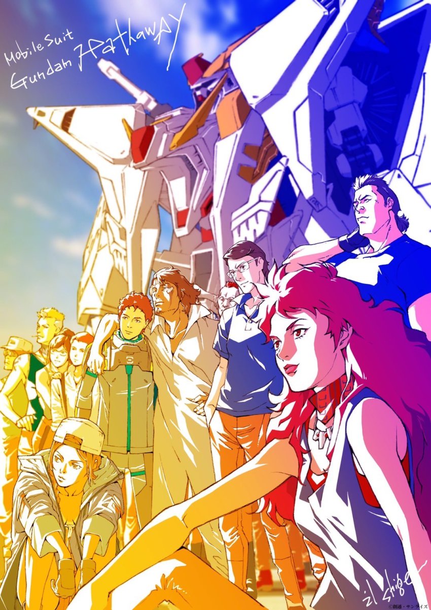 3girls, 6+boys, arm_around_shoulder, backwards_hat, baseball_cap, black_gloves, blue_hoodie, breasts