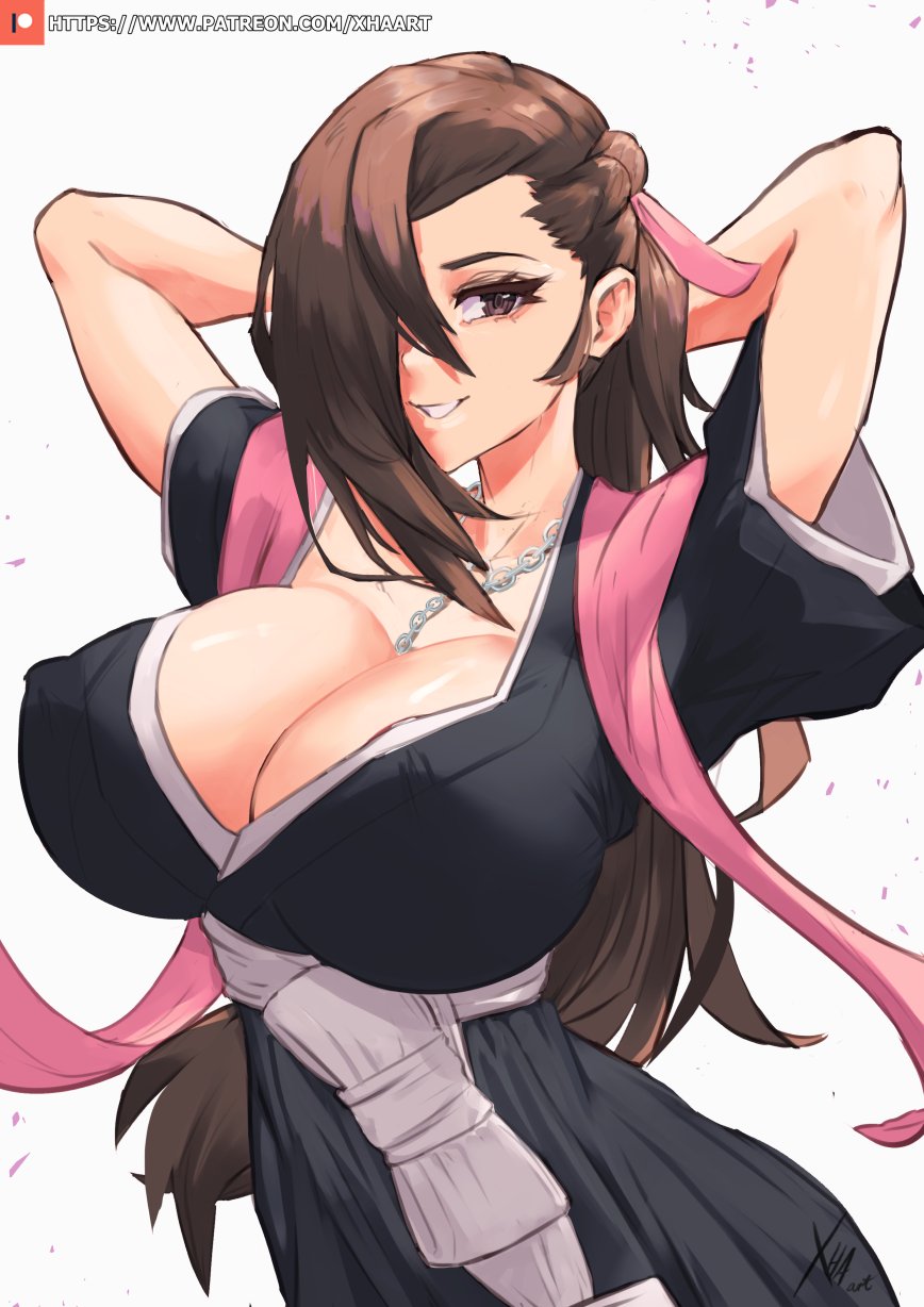1girl, alternate_costume, arms_behind_head, arms_up, bleach, breasts, brown_eyes, brown_hair, cleavage, cosplay, female_focus, fire_emblem, fire_emblem_fates, hair_over_one_eye, highres, japanese_clothes, jewelry, kagero_(fire_emblem), large_breasts, long_hair, looking_at_viewer, matching_hair/eyes, matsumoto_rangiku, matsumoto_rangiku_(cosplay), necklace, nintendo, one_eye_covered, parted_lips, patreon_username, smile, solo, watermark, web_address, white_background, xhaart