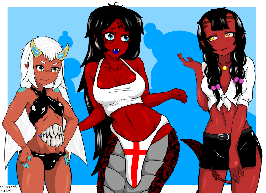 3girls, absurdres, belly, belt, bikini, black_hair, blue_eyes, borrowed_character, braid, breasts, colored_skin, cora_(cpt.tester), cpt.tester_works, cross, crossover, demon_girl, demon_horns, demon_tail, fangs, freckles, green_eyes, highres, horns, jewelry, lamia, large_breasts, lipstick, makeup, meruccubus_(merunyaa), midriff, monster_girl, multiple_girls, orange_eyes, original, red_skin, shirt, skirt, small_breasts, smile, snake, spicy_bardo, swimsuit, tail, tank_top, tattoo, teeth, tied_shirt, white_hair