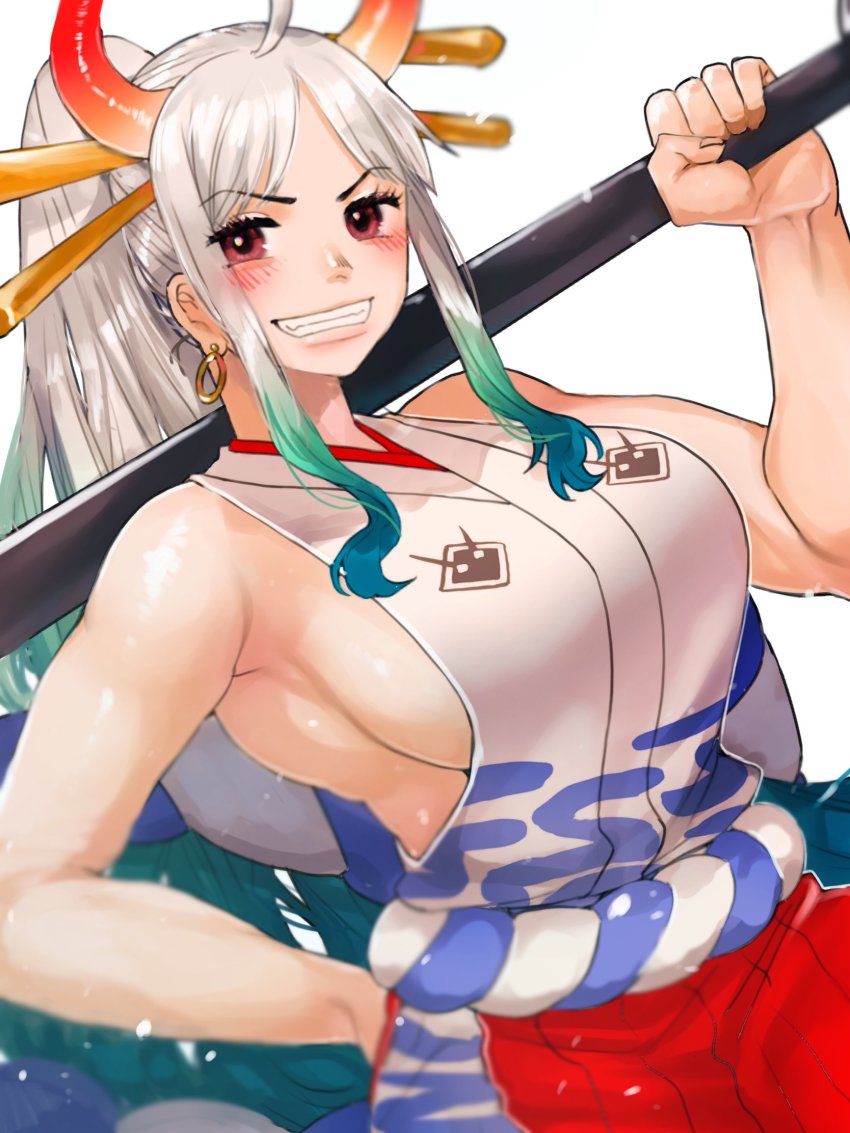 1girl, ahoge, aqua_hair, armpits, bare_arms, bare_shoulders, blush, breasts, brown_eyes, club_(weapon), cowboy_shot, curled_horns, dutch_angle, earrings, green_hair, grey_hair, grin, hair_ornament, hair_stick, hakama, hand_on_own_hip, hand_up, high_ponytail, highres, holding, holding_weapon, horns, japanese_clothes, jewelry, kimono, large_breasts, long_hair, looking_at_viewer, multicolored_hair, multicolored_horns, one_piece, oni, over_shoulder, ponytail, red_horns, rope, shimenawa, shiratori_yokikana, sideboob, sidelocks, sleeveless, sleeveless_kimono, smile, solo, v-shaped_eyebrows, very_long_hair, weapon, weapon_over_shoulder, yamato_(one_piece)