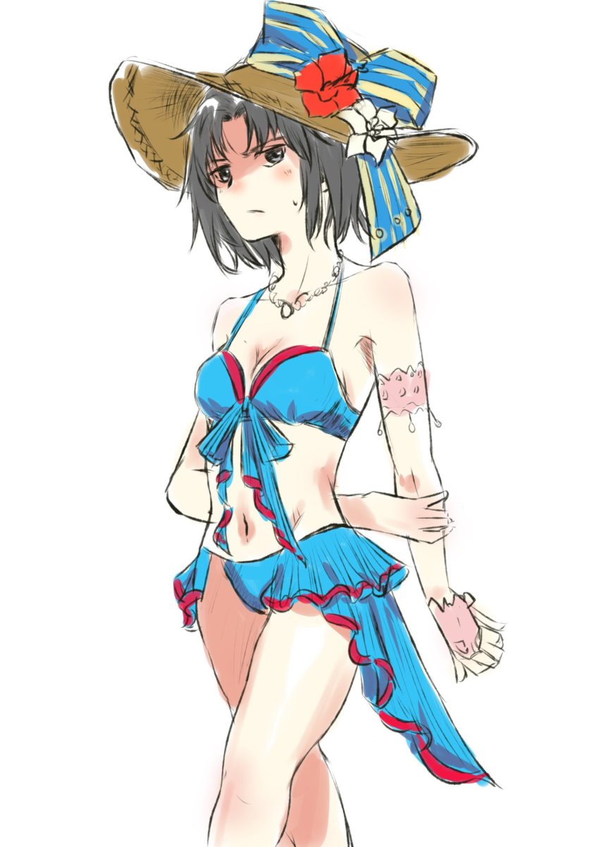 bikini, black_hair, blue_bikini, bow, breasts, collarbone, cosplay, fate/grand_order