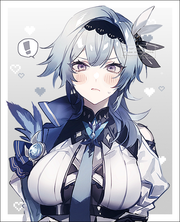 !, 1girl, asymmetrical_hair, bad_id, bad_twitter_id, black_hairband, blue_necktie, blush, breasts, closed_mouth, commentary_request, eula_(genshin_impact), eyelashes, genshin_impact, hairband, heart, large_breasts, medium_hair, mikoccccchan, necktie, purple_eyes, simple_background, solo, spoken_exclamation_mark, sweat, upper_body, vision_(genshin_impact), watermark