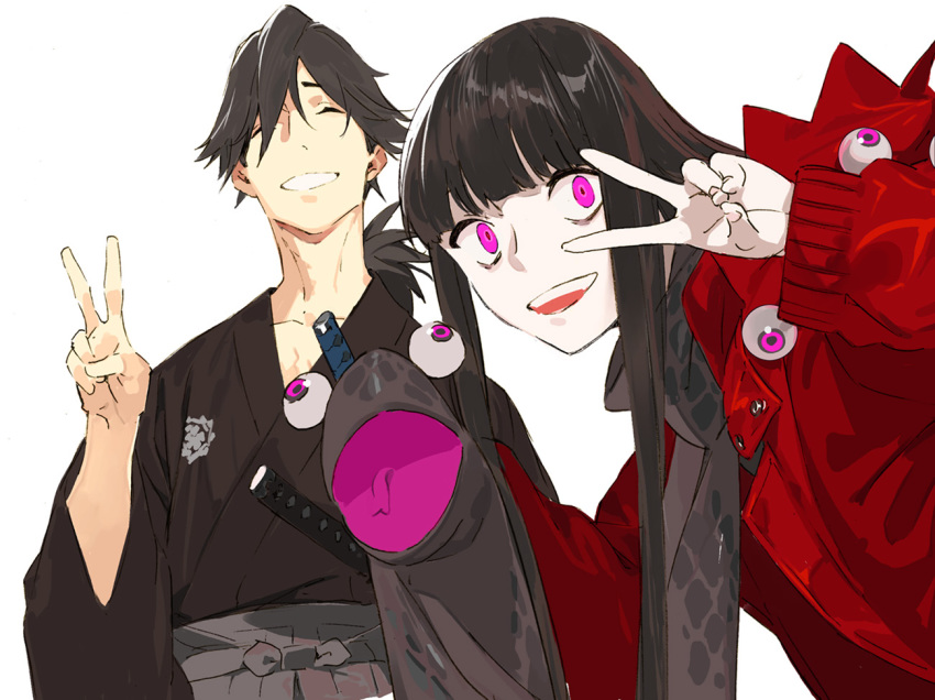 1boy, 1girl, black_hair, black_scarf, blunt_bangs, breasts, closed_eyes, fate/grand_order