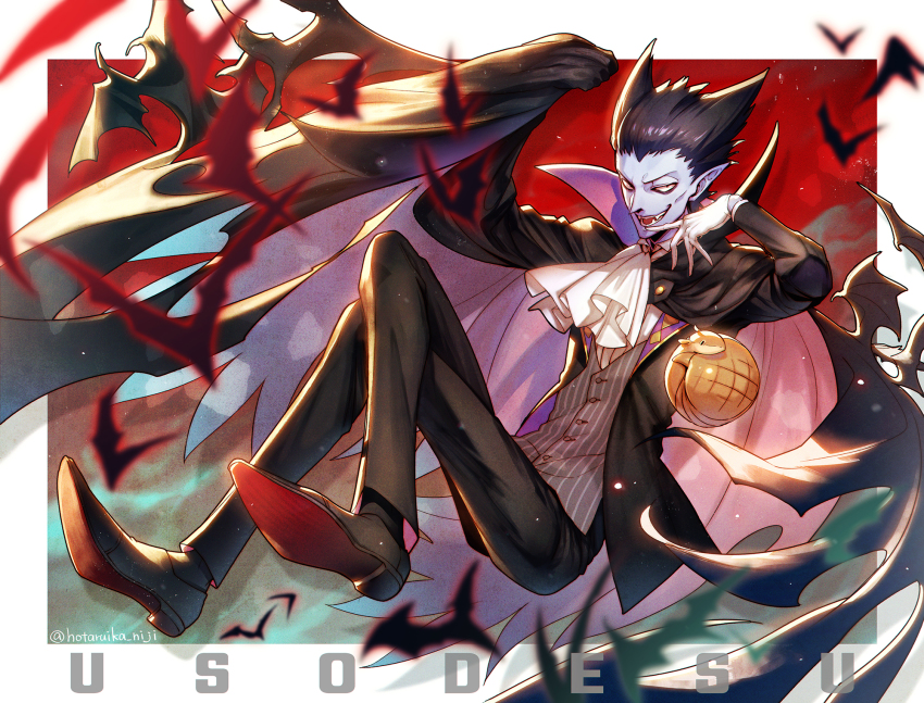 1boy, animal, armadillo, ascot, bat_(animal), black_cape, black_hair, black_pants