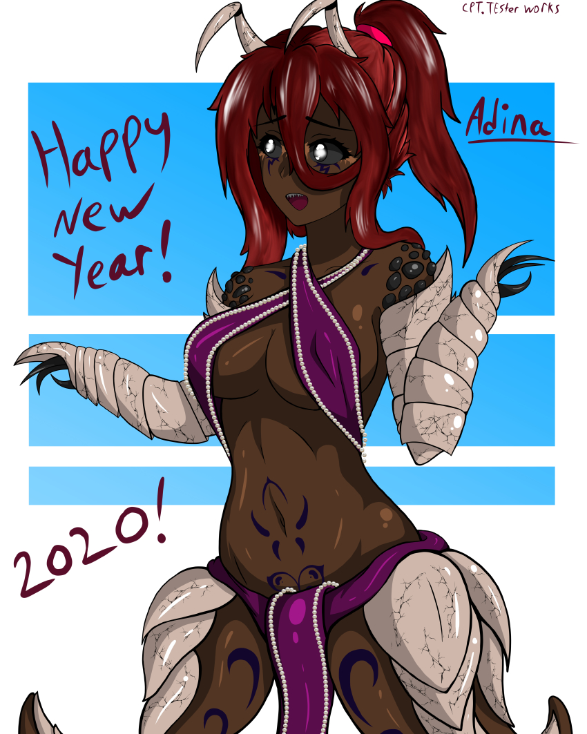 absurdres, adina_(cpt.tester), alien, antennae, arthropod_girl, blind, bra, claws