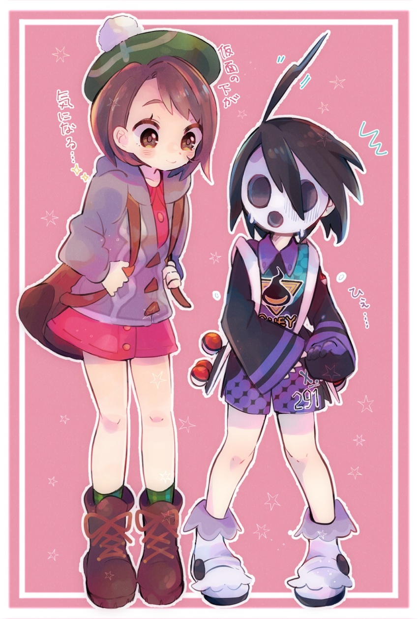 1boy, 1girl, ahoge, allister_(pokemon), backpack, bag, black_hair, blush