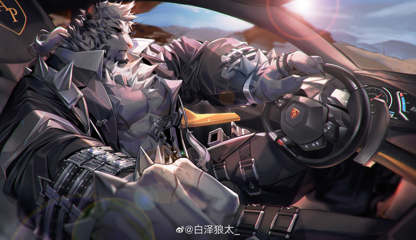 1boy, abs, absurdres, animal_ears, arknights, baizelangtai_(hallyswift), bara, bare_pectorals