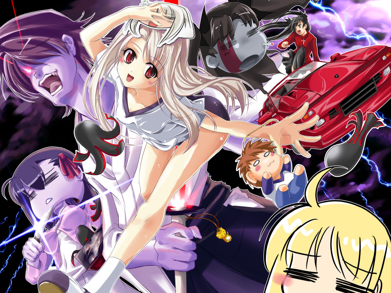 5girls, angra_mainyu, artoria_pendragon_(fate), blonde_hair, car, character_doll, chibi, cigarette, doll, emiya_shirou, fate/stay_night, fate_(series), fujimura_taiga, grail_beast, illyasviel_von_einzbern, lamborghini, matou_sakura, motor_vehicle, multiple_girls, parody, saber_(fate), tohsaka_rin, yokomizo_daisuke