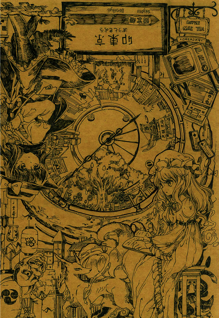 2girls, absurdres, bag, bakeneko, belt, bird, book, bow, buttons, cityscape, clock, controller, crow, crt, dress, english_text, famicom_controller, frilled_dress, frills, game_console, game_controller, hat, hat_bow, highres, kitsune, lan_chuan_huo_dao, lantern, long_sleeves, looking_back, maribel_hearn, mask, mcdonald's, mob_cap, monochrome, multiple_girls, nes, oni_mask, open_mouth, pantyhose, paper_lantern, pen, pen_(medium), radio, scan, scarf, sitting, skirt, sleeve_garter, television, touhou, traditional_media, translation_request, tree, upside-down, usami_renko, walking, wide_sleeves