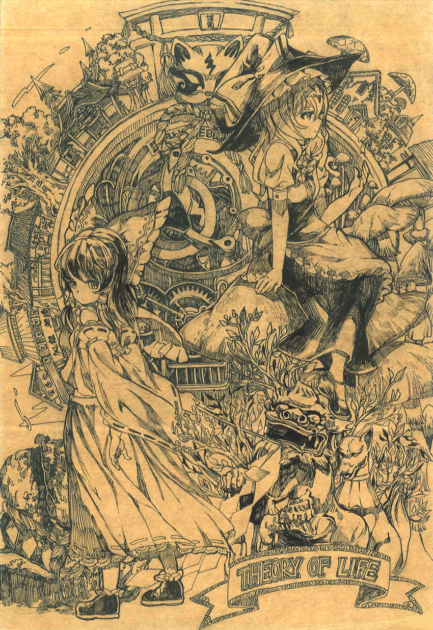 2girls, absurdres, bell, braid, branch, buttons, clock, detached_sleeves