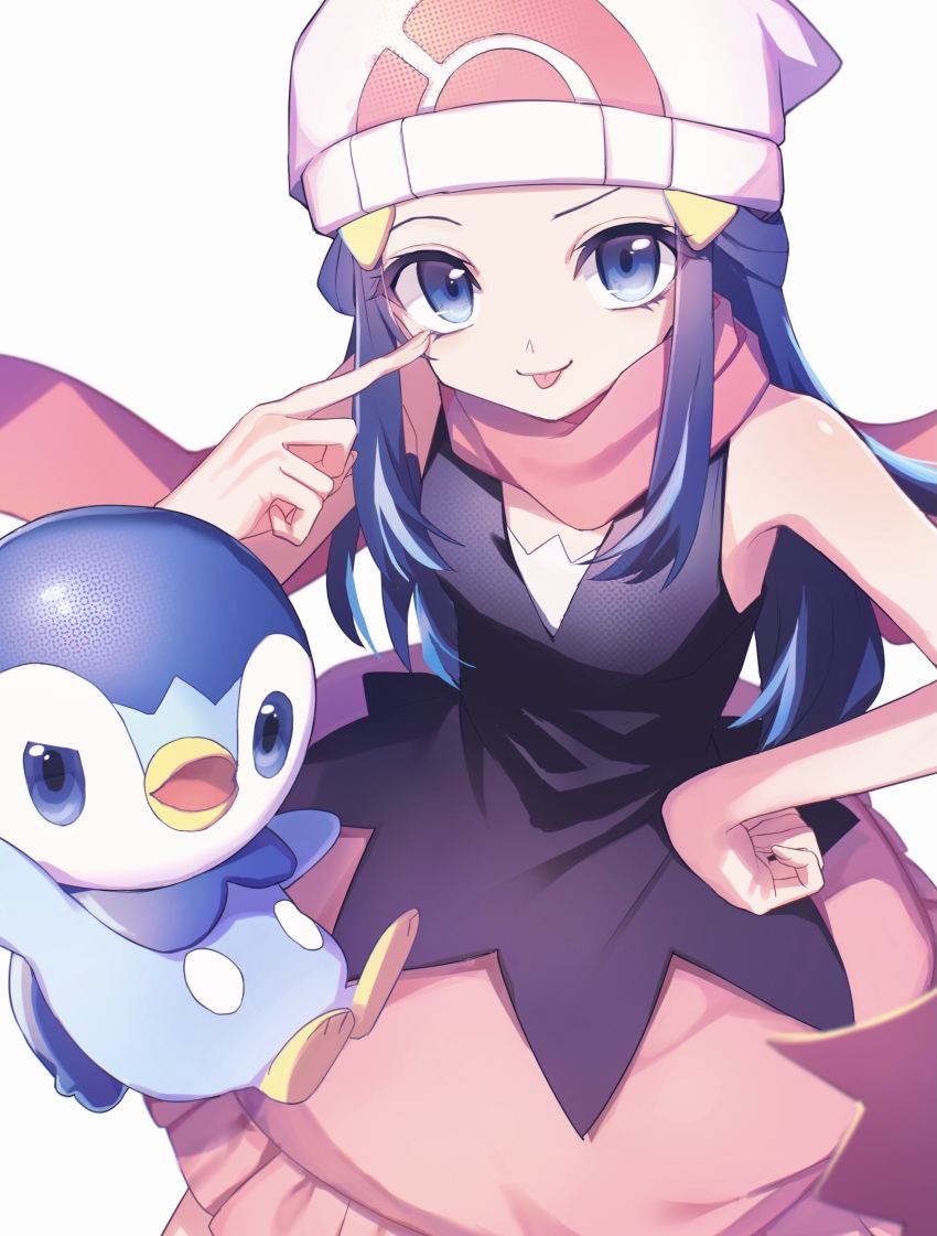 1girl, absurdres, beanie, black_shirt, blue_eyes, closed_mouth, commentary_request, dawn_(pokemon), eyelashes, gen_4_pokemon, hair_ornament, hairclip, hand_on_own_hip, hand_up, hat, highres, long_hair, looking_at_viewer, nintendo, pink_skirt, piplup, pokemon, pokemon_(creature), pokemon_diamond/pearl/platinum, scarf, shirt, skirt, sleeveless, sleeveless_shirt, smile, tongue, tongue_out, white_headwear, worupenta