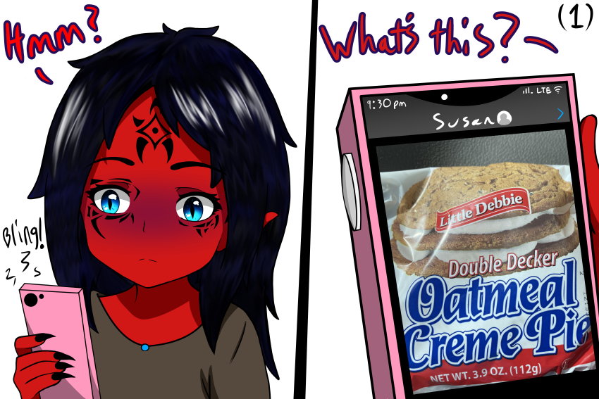 absurdres, blue_eyes, claws, colored_skin, cora_(cpt.tester), cpt.tester_works, highres, lamia, monster_girl, oatmeal, phone, purple_hair, red_skin, speech_bubble, tattoo