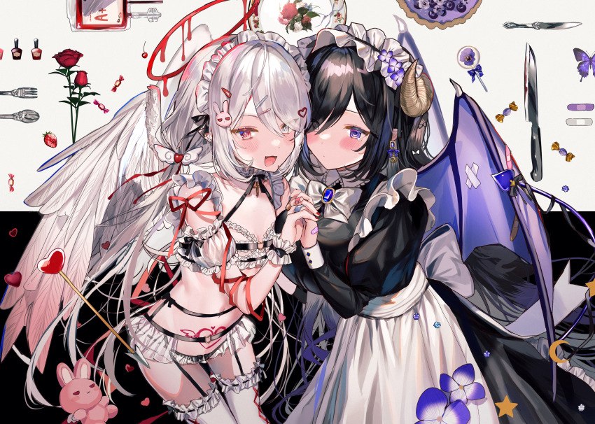 +_+, 2girls, @_@, absurdres, angel_wings, apron, arrow_(projectile), bandaid, bandaid_on_hand, black_dress, black_hair, black_ribbon, blood, blood_bag, blood_halo, bloody_knife, blue_eyes, bow, bowtie, bra, bug, butterfly, candy, commentary, crescent, demon_horns, demon_tail, demon_wings, detached_sleeves, dress, ear_piercing, earrings, eyes_visible_through_hair, feathered_wings, flower, food, fork, frilled_hairband, frilled_legwear, frills, hair_ornament, hair_over_one_eye, hairband, halo, heart, heart_hair_ornament, heterochromia, highres, holding_hands, horns, insect, jewelry, juliet_sleeves, knife, liquid_halo, long_hair, long_sleeves, maid_headdress, multicolored_hair, multiple_girls, nail_polish, original, panties, piercing, pointy_ears, pubic_tattoo, puffy_sleeves, purple_butterfly, purple_flower, purple_hair, rabbit_hair_ornament, red_eyes, red_flower, red_nails, red_ribbon, red_rose, red_tulip, ribbon, rose, short_sleeves, silver_hair, spoon, star_(symbol), streaked_hair, stuffed_animal, stuffed_rabbit, stuffed_toy, untranslatable_commentary, tail, tail_ornament, tail_ribbon, tattoo, tearing_up, thighhighs, tulip, underwear, very_long_hair, white_apron, white_background, white_bow, white_bowtie, white_bra, white_eyes, white_legwear, white_panties, wings, y_o_u_k_a