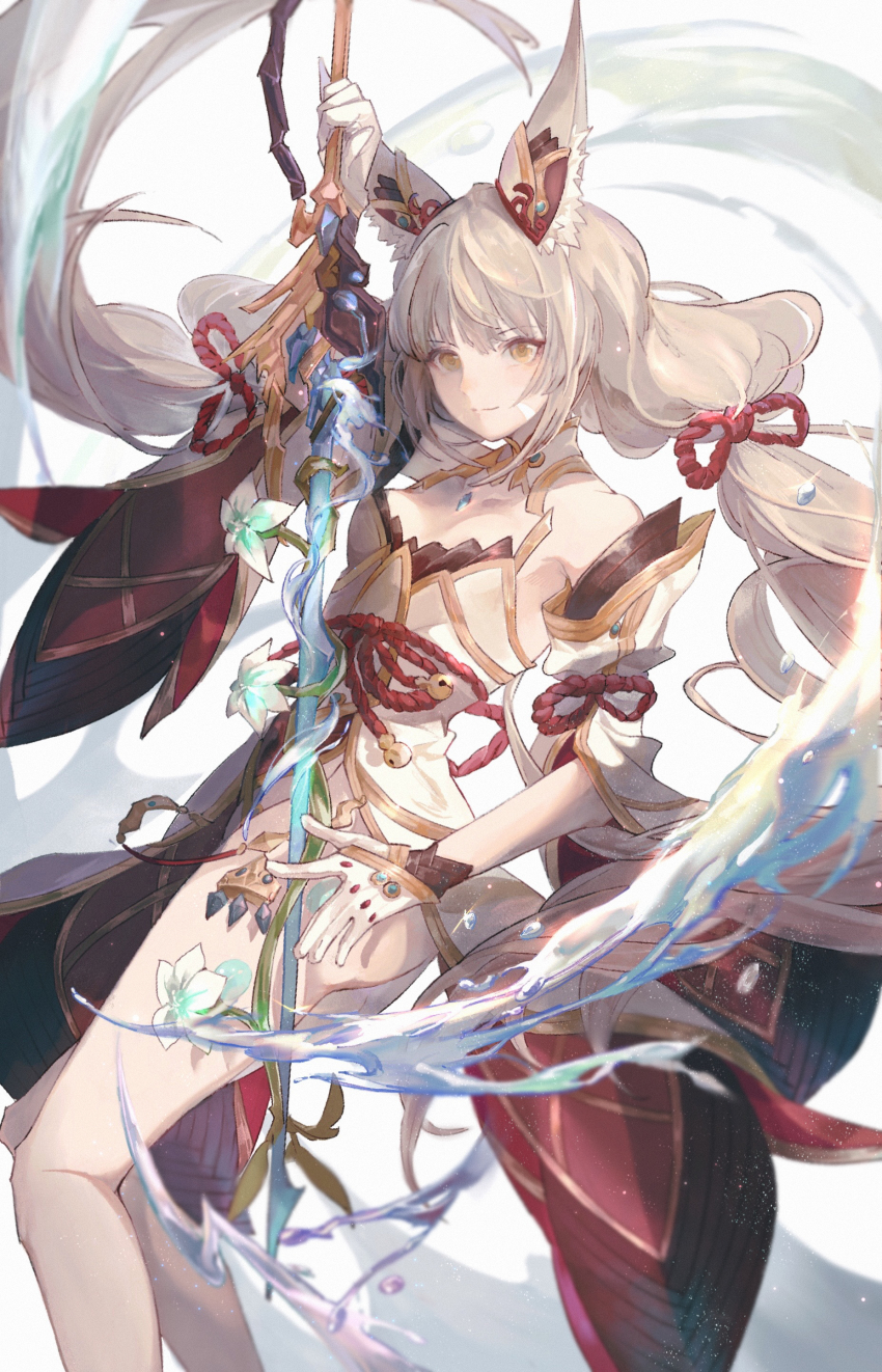 1girl, absurdres, animal_ears, blunt_bangs, breasts, cat_ears, catalyst_scimitar, chest_jewel, cleavage, detached_sleeves, facial_mark, highleg, highleg_leotard, highres, leotard, long_hair, low_twintails, nia_(blade)_(xenoblade), nia_(xenoblade), silver_hair, small_breasts, sword, tharsis_(392724022), thighhighs, twintails, very_long_hair, weapon, xenoblade_chronicles_(series), xenoblade_chronicles_2, yellow_eyes