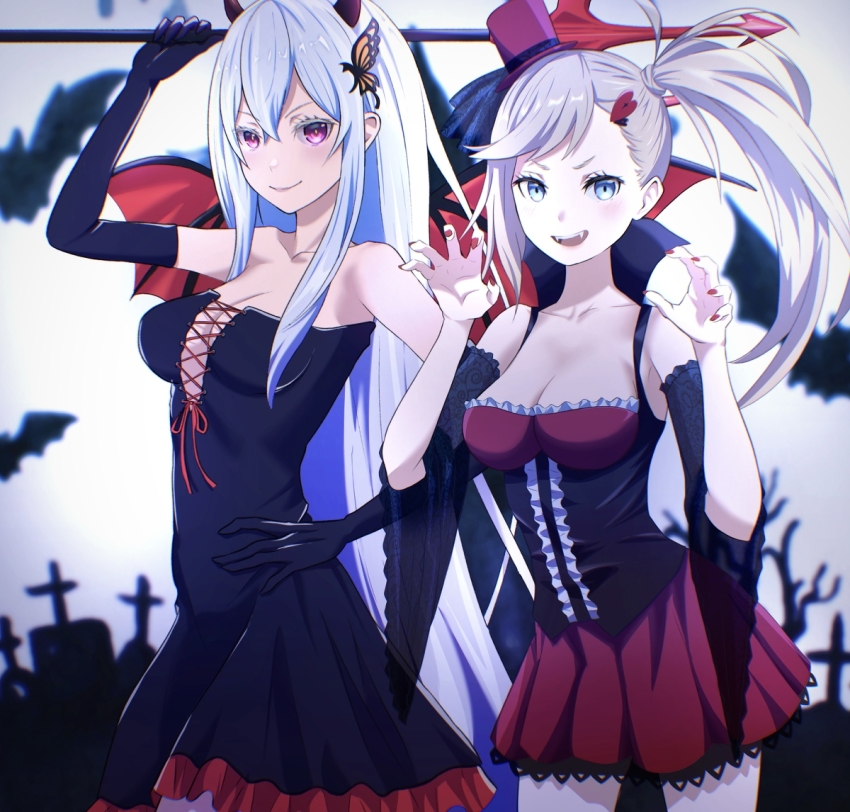 2girls, alternate_costume, black_dress, blonde_hair, blue_hair, breasts, butterfly_hair_ornament, claw_pose, cleavage, corset, demon_horns, demon_wings, dress, echidna_(re:zero), fangs, graveyard, hair_ornament, halloween, hat, heart, heart_hair_ornament, horns, lace, lace-trimmed_dress, lace_trim, large_breasts, long_hair, medium_breasts, minerva_(re:zero), mini_hat, multiple_girls, na-suke, nail_polish, pitchfork, purple_eyes, raised_collar, re:zero_kara_hajimeru_isekai_seikatsu, red_nails, red_trim, side_ponytail, thick_thighs, thighs, white_hair, wings