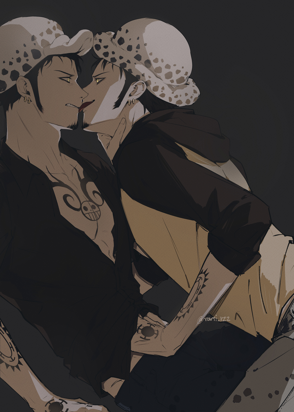 2boys, black_hair, clenched_teeth, clone, dark, earrings, facial_hair, fur_hat