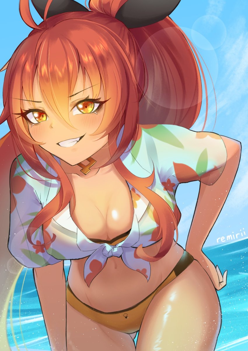 1girl, artist_name, bikini, black_ribbon, breasts, brown_eyes, brown_hair, cermia_(epic_seven)