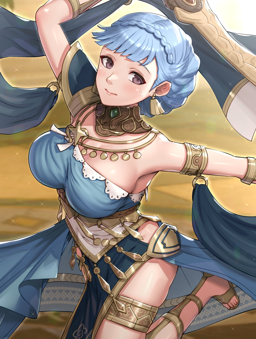 1girl, absurdres, armlet, blue_hair, blush, braid, crown_braid, dancer, dancer_(fire_emblem:_three_houses), dancing, dress, fire_emblem, fire_emblem:_three_houses, fire_emblem_heroes, gladiator_sandals, gold_trim, gonzarez, highres, jewelry, looking_at_viewer, marianne_von_edmund, marianne_von_edmund_(serene_adherent), marianne_von_edmund_(timeskip), nintendo, official_alternate_costume, sandals, single-shoulder_dress, skindentation, solo