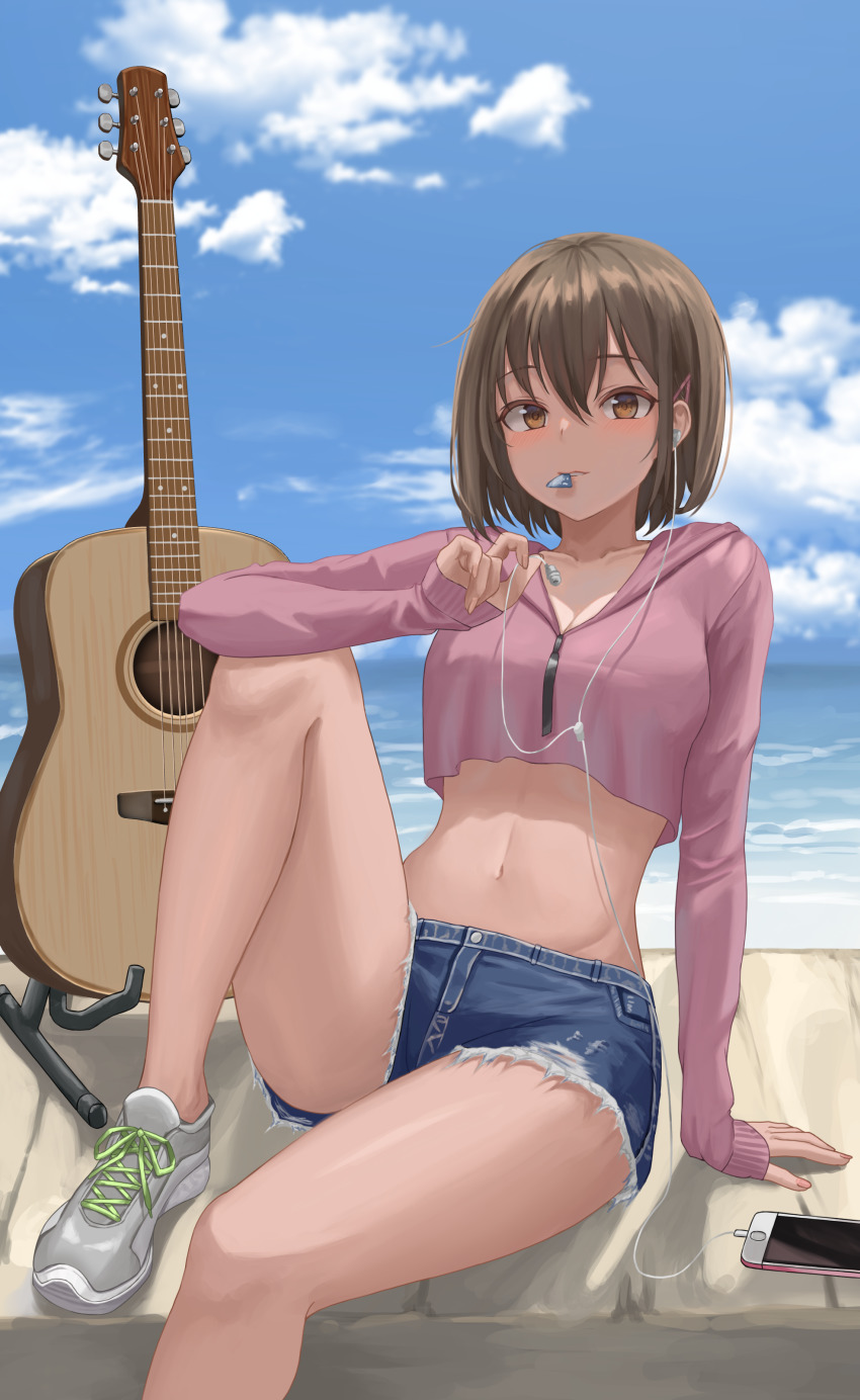 1girl, absurdres, arm_support, ass, blue_shorts, breasts, brown_eyes, brown_hair