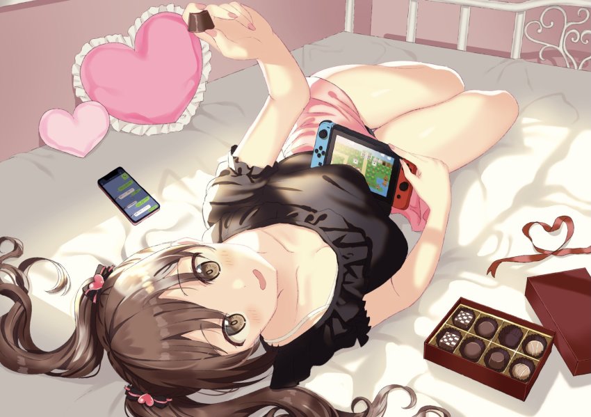 1girl, bare_legs, bed_sheet, black_shirt, blush, bow, brown_eyes, brown_hair