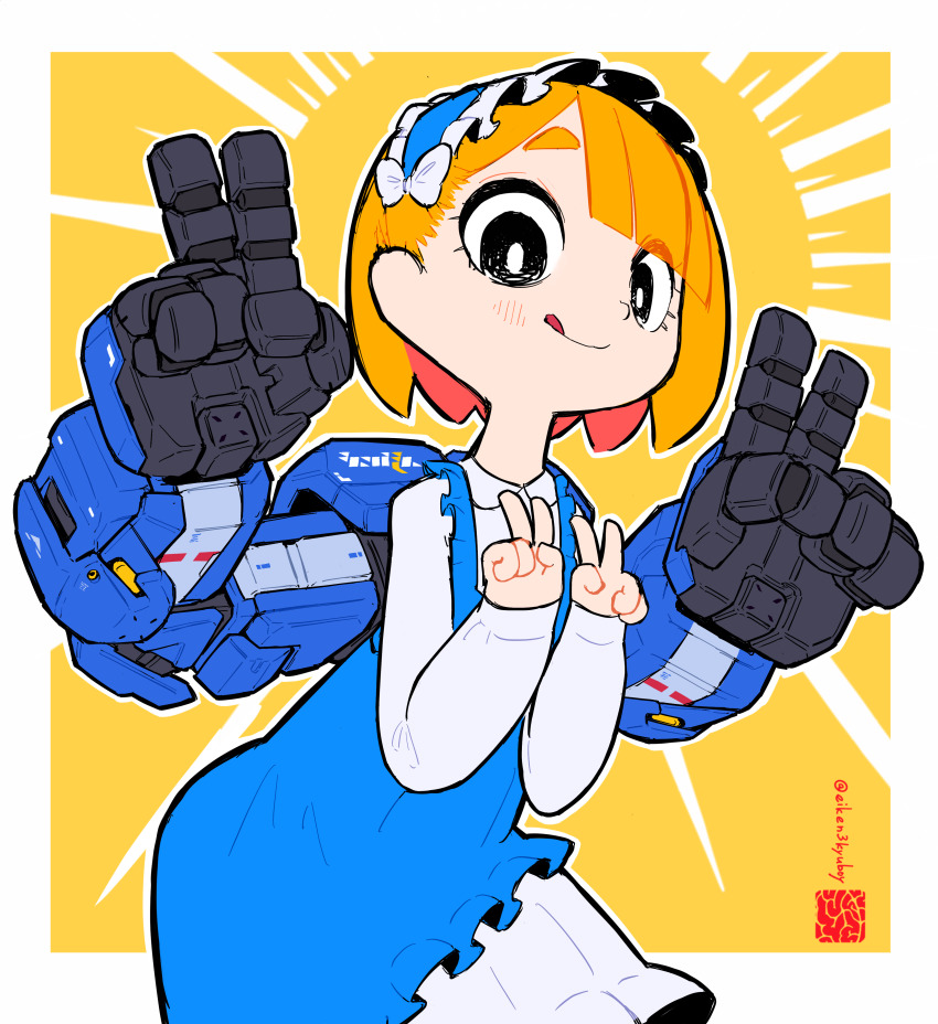 1girl, :p, absurdres, black_eyes, blonde_hair, blue_dress, border, bright_pupils