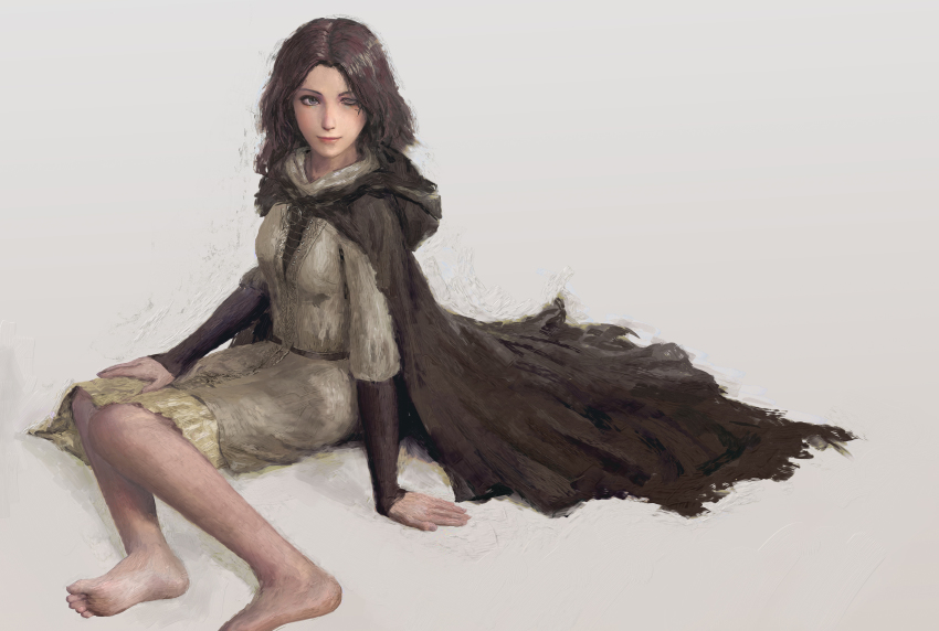1girl, absurdres, barefoot, black_cloak, brown_hair, cloak, dress, elden_ring, feet, foot_out_of_frame, forehead, fromsoftware, grey_dress, grey_eyes, highres, hood, hood_down, hooded_cloak, lips, looking_at_viewer, medium_hair, melina_(elden_ring), mixed-language_commentary, one-eyed, pink_lips, scar, scar_across_eye, scar_on_face, simple_background, sitting, smile, soles, solo, toes, white_background, xianggang_jizhe