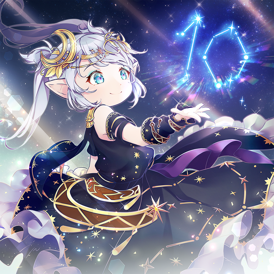 1girl, astrologian_(final_fantasy), warrior_of_light_(ff14), final_fantasy, final_fantasy_xiv, grey_hair, hair_ornament, lalafell, long_hair, pointy_ears, rue_(ruenis_chronowing), smile, solo, twintails, wrist_cuffs