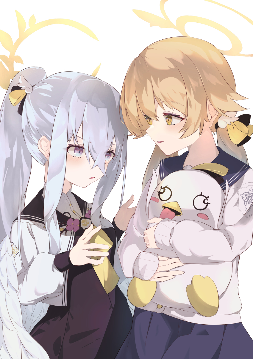 2girls, absurdres, azusa_(blue_archive), blonde_hair, blue_archive, blue_skirt, doll, hair_between_eyes, hair_ribbon, halo, hifumi_(blue_archive), highres, light_brown_hair, long_hair, multiple_girls, muu, peroro_(blue_archive), ponytail, ribbon, school_uniform, silver_hair, simple_background, skirt, white_background